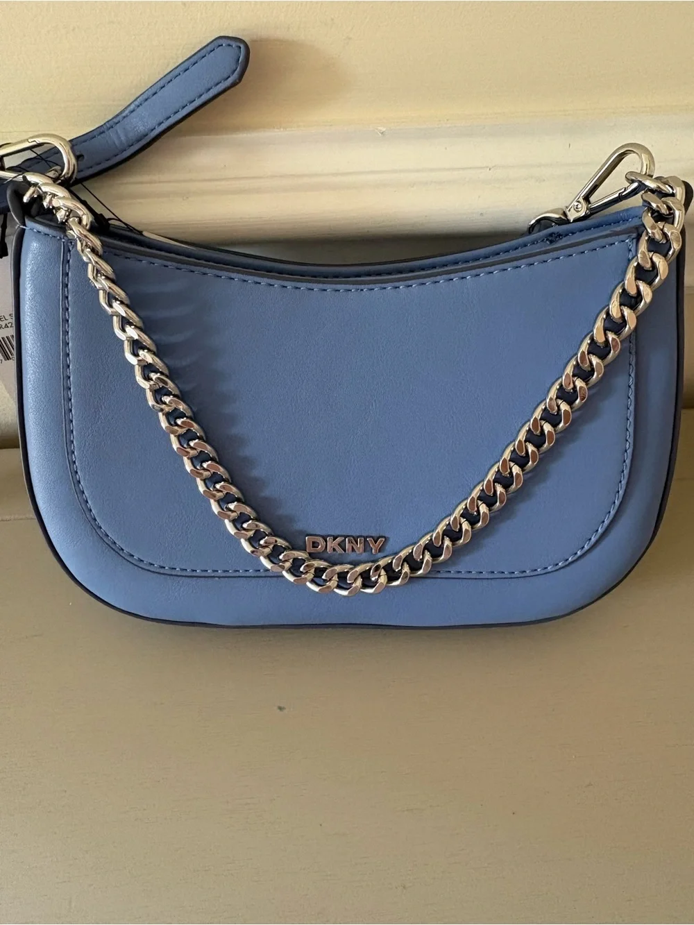 DKNY Light Blue Leather Shoulder Bag with Silver Chain